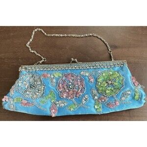 Lapis Beaded Satin Handbag Turquoise W/Pink, Green, White Flowers